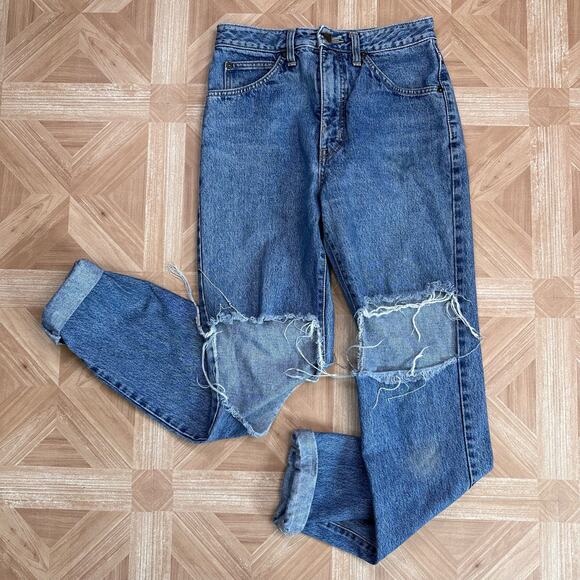 Edwin Medium Wash Denim Distressed Grunge London Slim Jeans Womens 30 High Rise - Picture 2 of 5